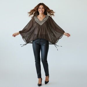 Grass Collection Sheer Brown Blouse with Embellished Neckline